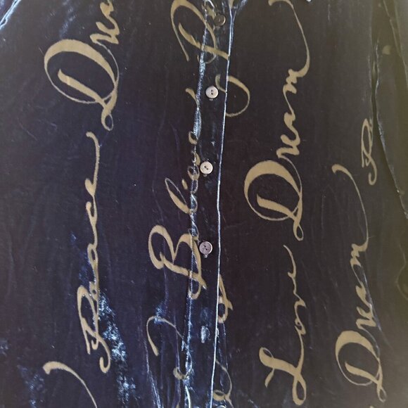 Quacker Factory Burnt out Velvet Spellout BLlue Silk Blend Button Down Shirt L - Picture 2 of 4